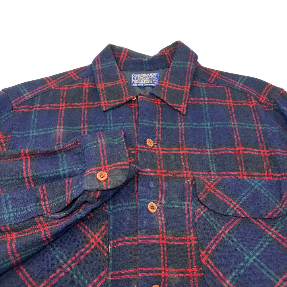 Pendleton Medium Blue Green Red Plaid 100% Virgin Wool Loop Collar Flannel Shirt